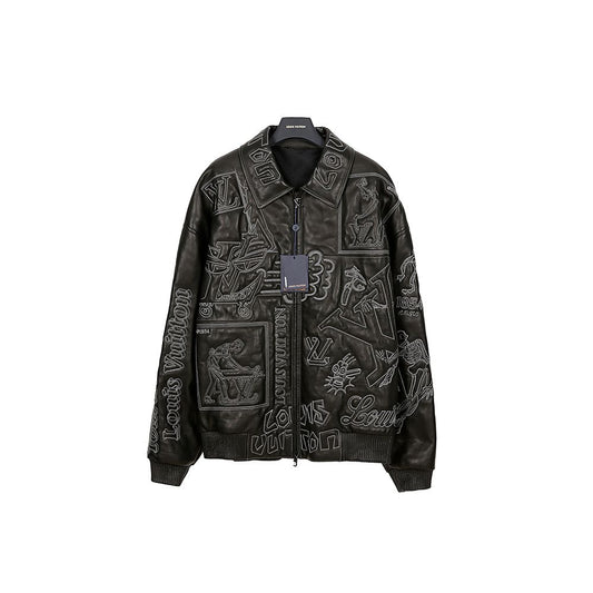 Louis Vuitton Embroidered Leather Bomber Jacket Black 56 60926529