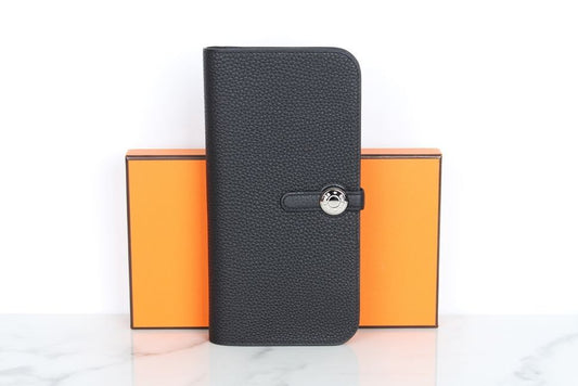 Hermes Dogu Recto Long Wallet Black Silver Hardware 71905081