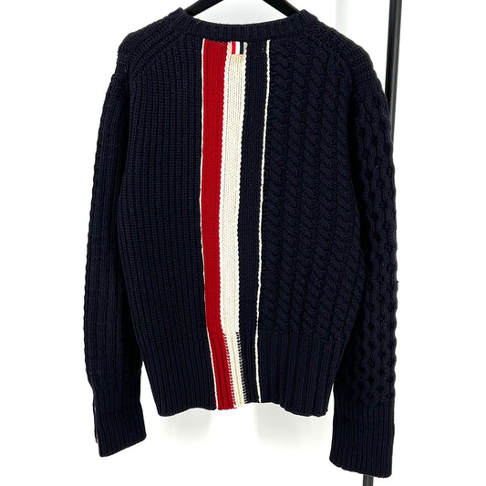 Thom Browne Navy Back Stripe Cable Knit 12345 123550559