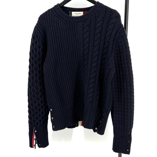Thom Browne Navy Back Stripe Cable Knit 12345 123550559