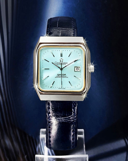 Omega Rare Constellation Ice Blue Men's Automatic Crocodile Leather Watch 37x42 123688177