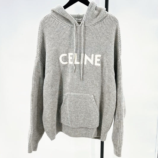 Celine Ribbed Wool Knit Hoodie Grey 125110523