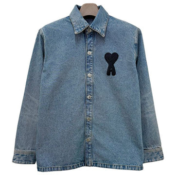 AMI Heart Logo Denim Overshirt Jacket - Used Blue (HJK275 DE0046 480) 132427845