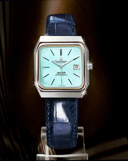 Omega Rare Constellation Ice Blue Men's Automatic Crocodile Leather Watch 12345 123688177