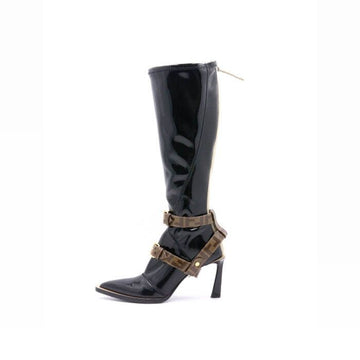 Fendi Glossy Black Patent Leather FF Logo Strap Knee-High Boots 8W7020 56520149