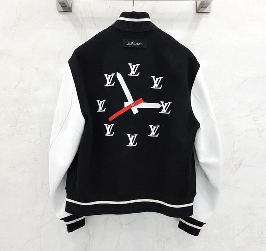 Louis Vuitton Black LV Clock Embroidered Friends Leather Varsity Jacket 119062759