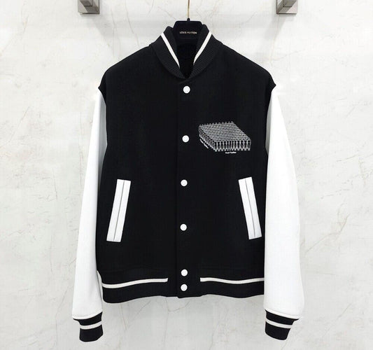 Louis Vuitton Black LV Clock Embroidered Friends Leather Varsity Jacket 119062759